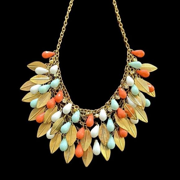 Betsey Johnson Colorful Bib Statement Necklace - Coral, Blue & White Leaves - Picture 1 of 7